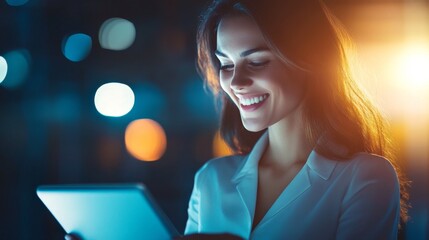 Obraz premium Radiant Businesswoman Smiling While Using Tablet in Dimly Lit Setting