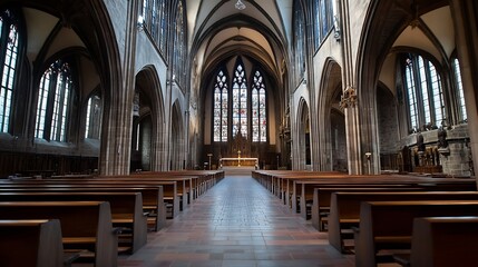 Stunning Interior of a Gothic Style Church with Sunlight Streaming Through Stained Glass Windows : Generative AI
