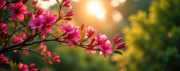 Obraz premium Pink Nerium oleander tree branches stretching towards sunlight, greenery, ornamental trees