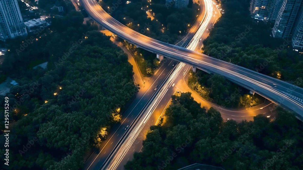 Poster Aerial View of Light Trails on Busy Highways Surrounded by Greenery : Generative AI