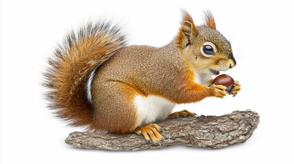 Obraz premium Cute squirrel eating nut on wood, white background