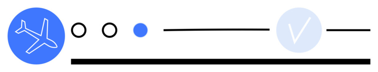 Blue airplane icon at start, dots for intermediate milestones, and a checkmark at the end, connected by lines. Ideal for travel, progress, journey planning, goal tracking, transportation airline