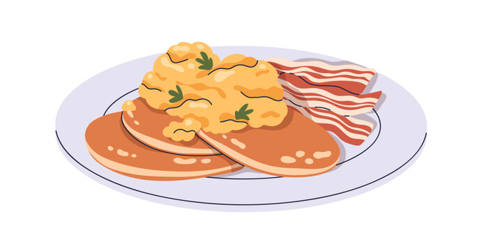 Pancakes, scrambled eggs and bacon served on plate. Breakfast dish with pan cakes and pork slices. Traditional morning meal, cooked food. Flat graphic vector illustration isolated on white background