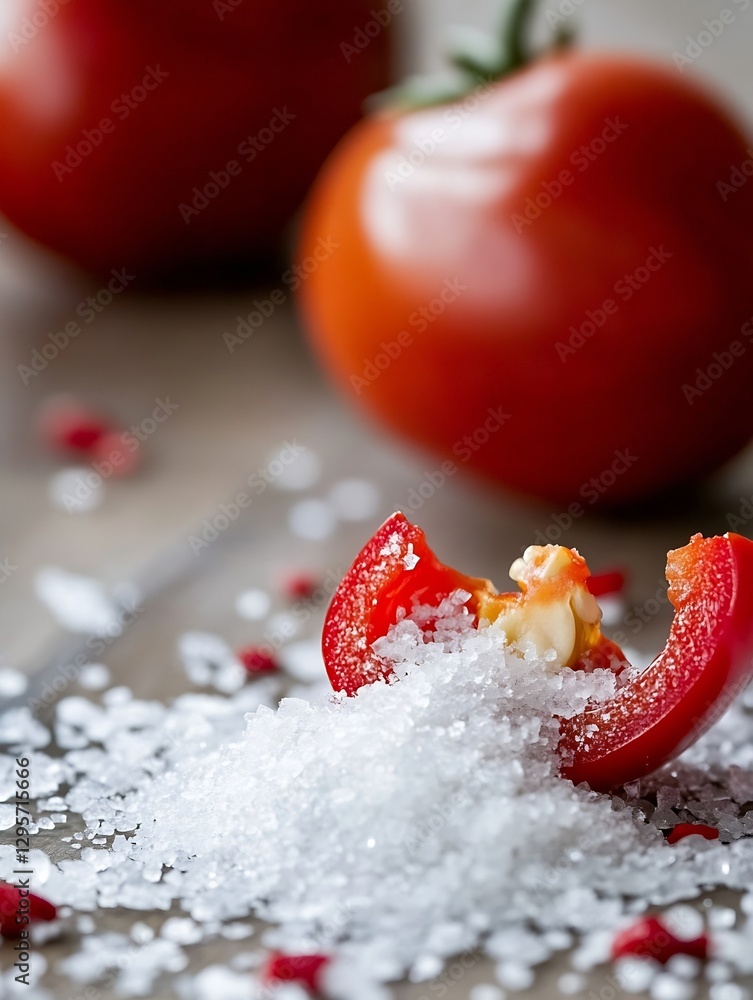 Poster fresh red tomato with sea salt scattered around creating a vibrant culinary scene : generative ai