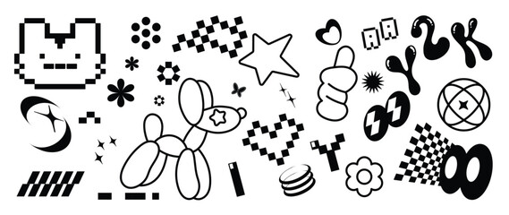 Set of y2k and groovy elements vector. Hand drawn collection of pixel, fluffy, arrow, speech bubble, text, organic shape in black and white color. Design for print, cartoon, card, decoration, sticker.