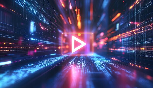 Digital Play Button in a Tech Tunnel