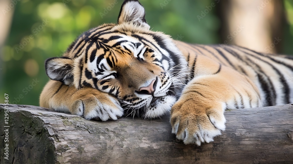 Poster playful tiger resting peacefully on a log, capturing its relaxed demeanor in the wild : generative a