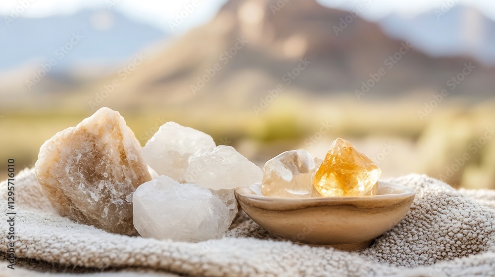 Aufkleber Natural crystals arranged artistically on a lightcolored cloth with a scenic backdrop : Generative AI