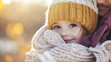 Warm Embrace of a Child in Knit Beanie Enjoying a Cozy Autumn Day : Generative AI