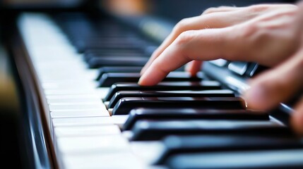 Fototapeta premium Closeup view of a hand playing on black and white piano keys highlighting musical skill and passion for music : Generative AI