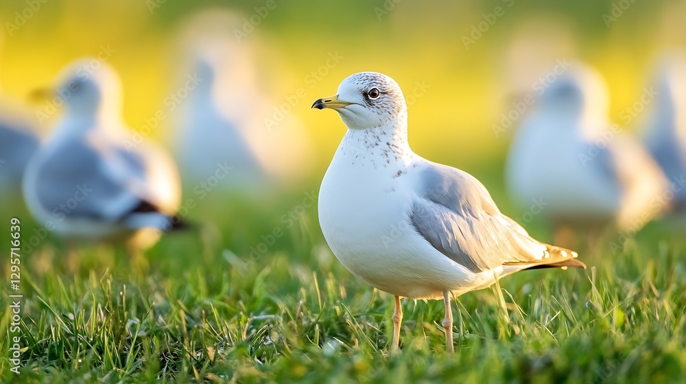 Poster elegant seagull standing gracefully on grass in a beautiful field : generative ai
