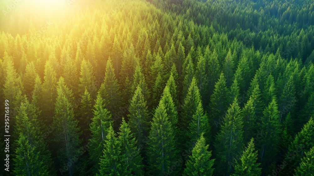 Poster aerial view of lush green pine trees in a sunlit forest landscape : generative ai