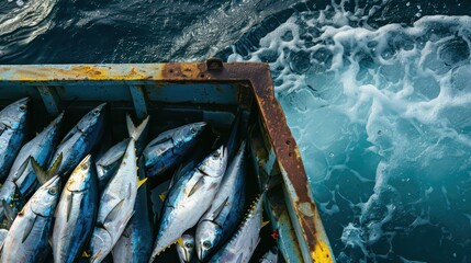 Fresh tuna on fishing boat celebrating World tuna day for marine conservation awareness