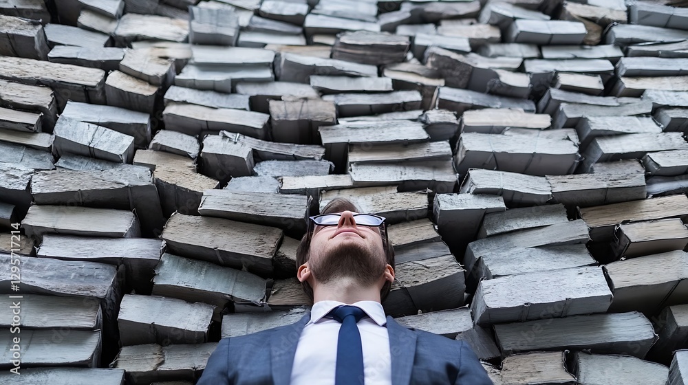 Poster focused perspective of a businessman in formal attire surrounded by stacked books : generative ai