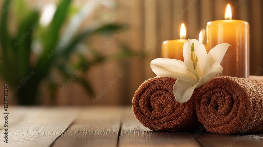 Poster spa setup with relaxing towels, scented candles and fresh white lily for serenity and calm : generat