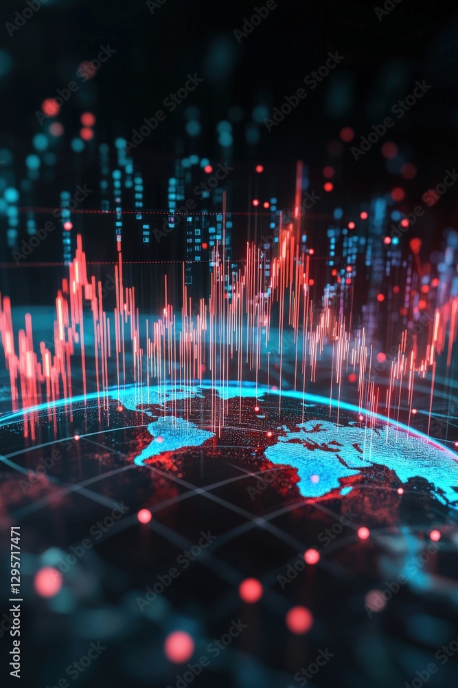 Poster a stunning visualization of global data trends with dynamic graphs and vibrant colors, showcasing th