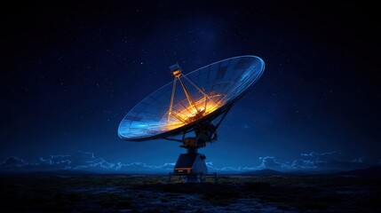 A large satellite dish stands under a starry night sky