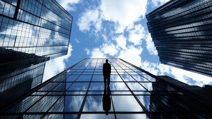 Fototapeta premium Silhouette of Businessman Standing on Glass Building Against Cloudy Sky : Generative AI
