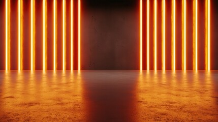 Naklejka premium A vibrant, modern space featuring glowing orange vertical lights against a dark background, ideal for creative projects and futuristic designs.