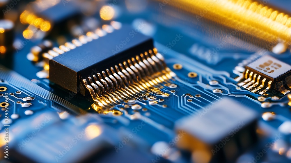 Poster Macro Close Up of Circuit Board with Integrated Chips and Electrical Components for Technology : Generative AI