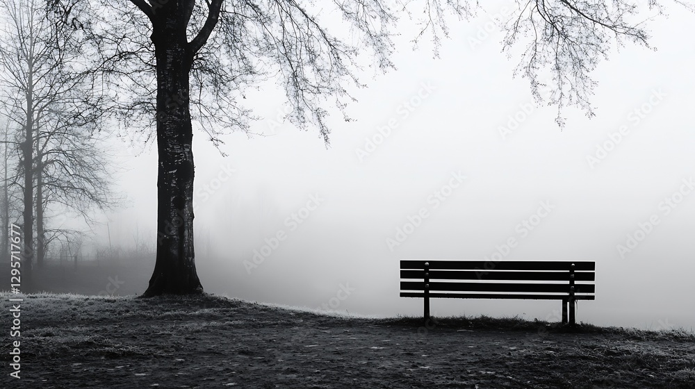 Aufkleber Empty black bench under a foggy tree in a serene environment symbolizing isolation and calmness : Generative AI
