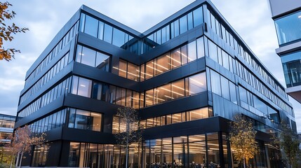 Fototapeta premium Modern Architectural Design of a Business Building with Sharp Angles and Glass Facade : Generative AI
