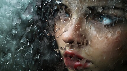 Fototapeta premium Closeup Portrait of a Pensive Woman Behind a Rain-Streaked Window