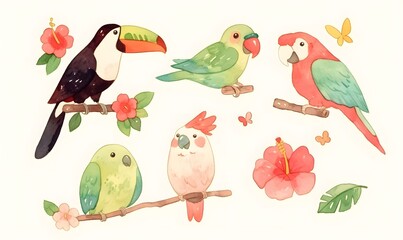 Obraz premium Tropical birds, watercolor drawing, Generative AI