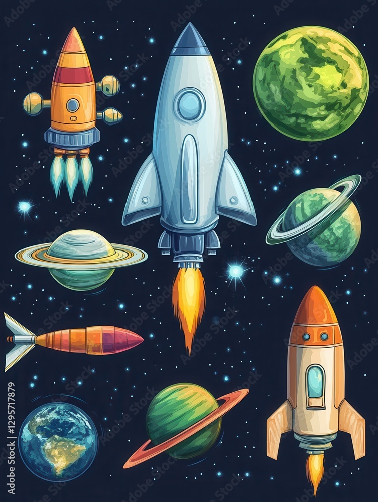 Poster space object. alien planet, ufo spaceship, astronaut rocket and missile cosmic object vector icon. f