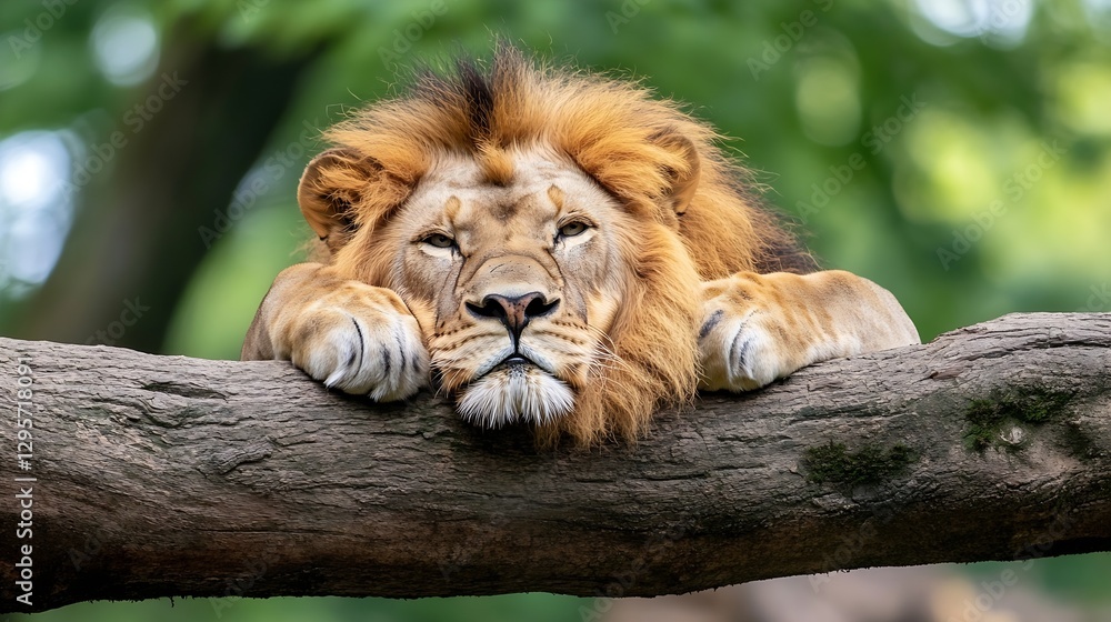 Poster Majestic lion lounging on a tree branch showcasing strength and serenity in a natural habitat setting : Generative AI