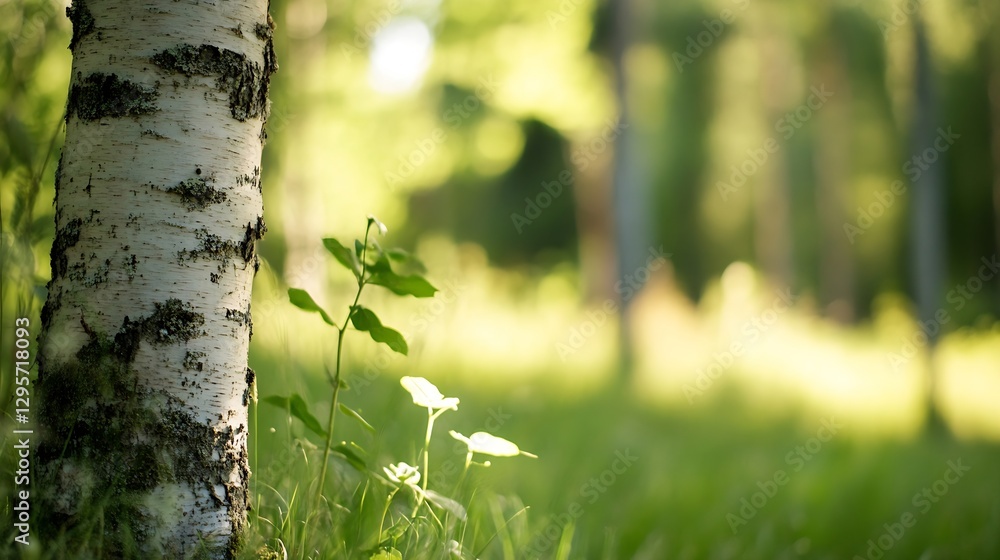 Leinwandbilder close-up of a birch tree trunk with green leaves in a beautiful nature setting : generative ai