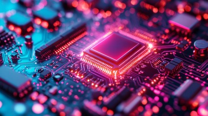 Advanced plasma technology is utilized in the etching of microchip surfaces during a precision engineering process. Bright colors illuminate the intricate patterns on the chip