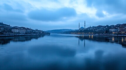 Calm twilight over river reflecting buildings and mosques under soft blue sky : Generative AI