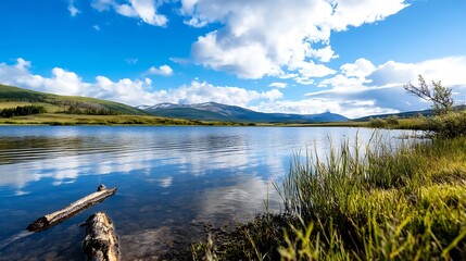 Fototapeta premium Breathtaking Landscape View of Tranquil Lake Surrounded by Lush Green Mountains and Bright Blue Sky : Generative AI