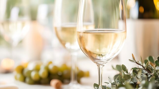 Elegant white wine glasses adorned with fresh grapes set for a delightful celebration : Generative AI