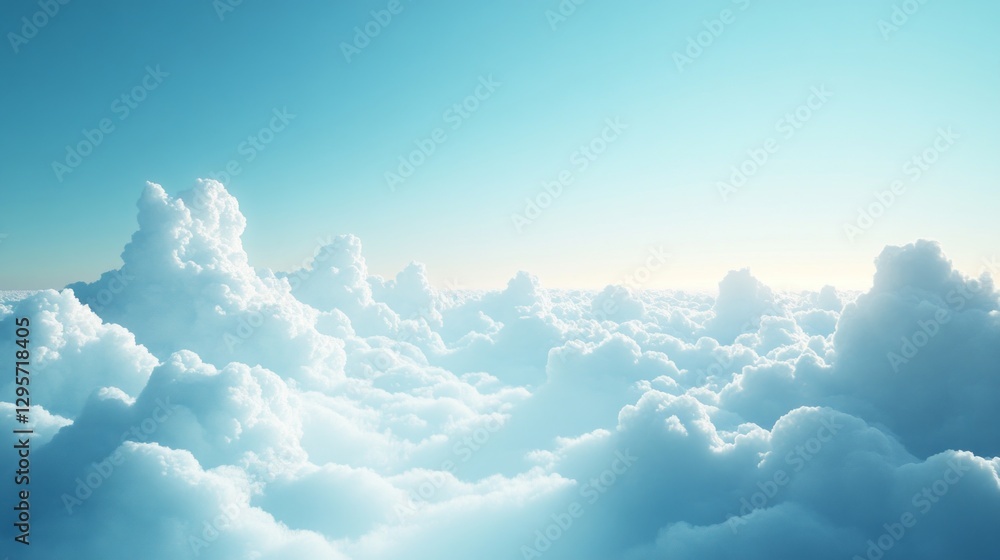 Poster fluffy clouds bask in soft morning light, their shapes resembling cotton candy as they float tranqui