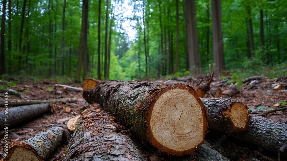 Aufkleber tranquil forest scene with cut logs resting on the ground surrounded by lush greenery in a serene wo