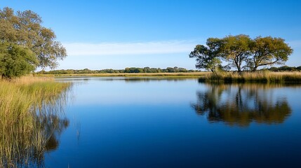 Beautiful tranquil lake landscape reflecting trees under a clear blue sky : Generative AI