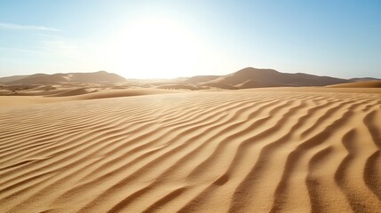 Vast desert landscape showcasing rolling sand dunes under a bright sun and clear blue sky : Generative AI