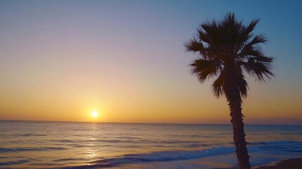 Majestic sunset over the ocean with palm tree silhouette creating a serene tropical atmosphere : Generative AI