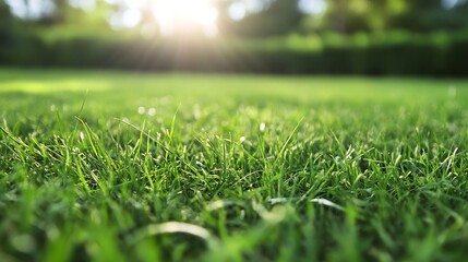 Naklejka premium Close up view of fresh green grass with dew drops glistening in the morning light : Generative AI