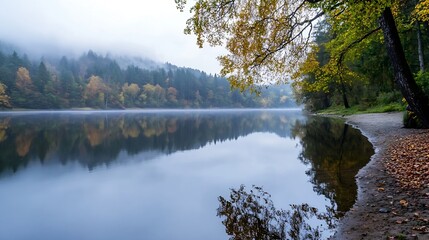Fototapeta premium Foggy Autumn Morning by the Calm Lake Surrounded by Colorful Trees : Generative AI