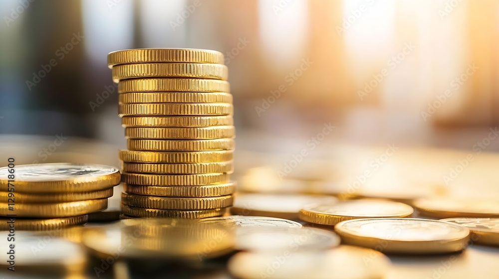 Poster Stack of Gleaming Gold Coins on a Table with Soft Focus Background Effect : Generative AI