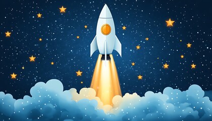 Fototapeta premium Rocket launch, night sky, clouds, stars, business