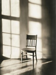 A lone wooden chair casts shadows in a sunlit room creating a serene and calming atmosphere : Generative AI