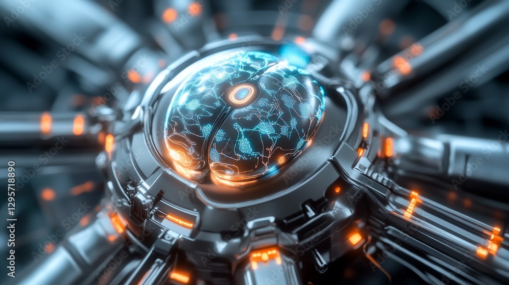 Poster futuristic neural network brain interface advanced technology lab digital art sci-fi environment clo
