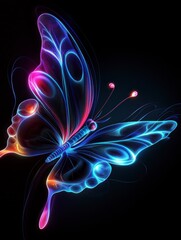 Obraz premium Neon Butterfly: A stunning, digitally crafted butterfly bursts forth with vibrant neon colors against a contrasting black background.