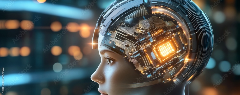 Poster exploring future technology intelligent robot with advanced ai brain digital landscape 3d render fut