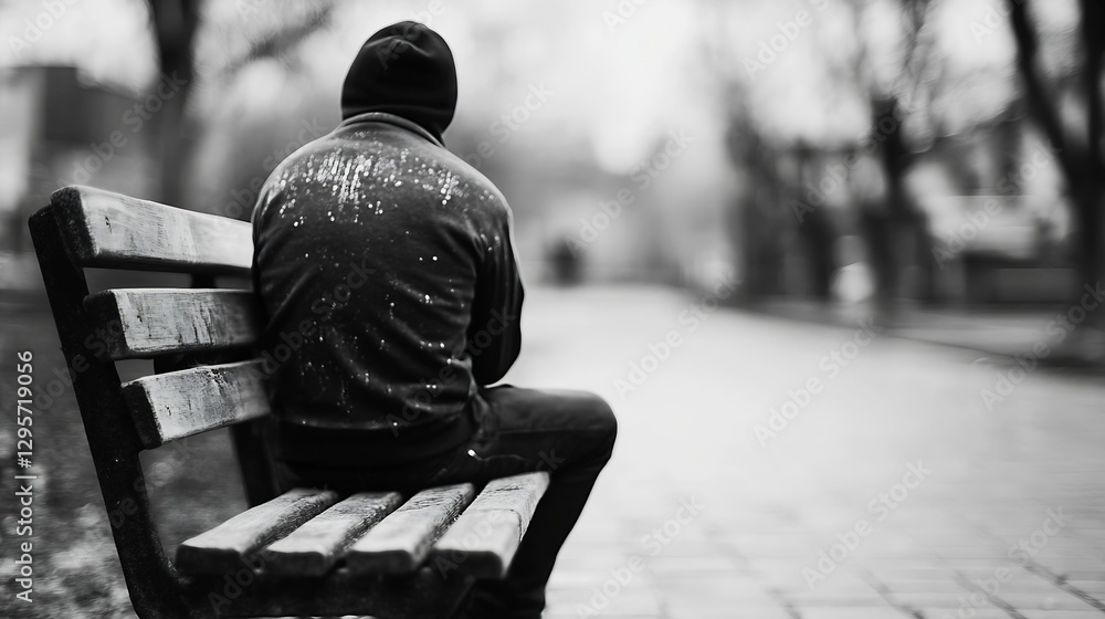 Poster lonely figure sitting on a bench in a deserted street surrounded by autumn trees and grey skies : ge
