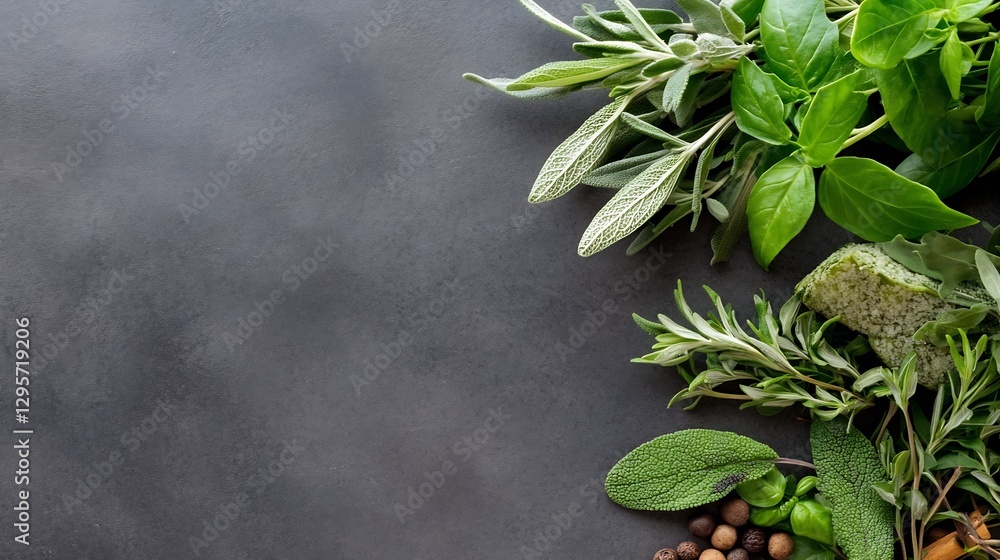 Aufkleber fresh green herbs and spices arranged on a textured grey surface for culinary use : generative ai